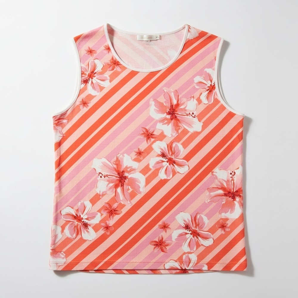 White Stag Womens XL Sleeveless Hibiscus Floral Stripe Tank Top Punch Print